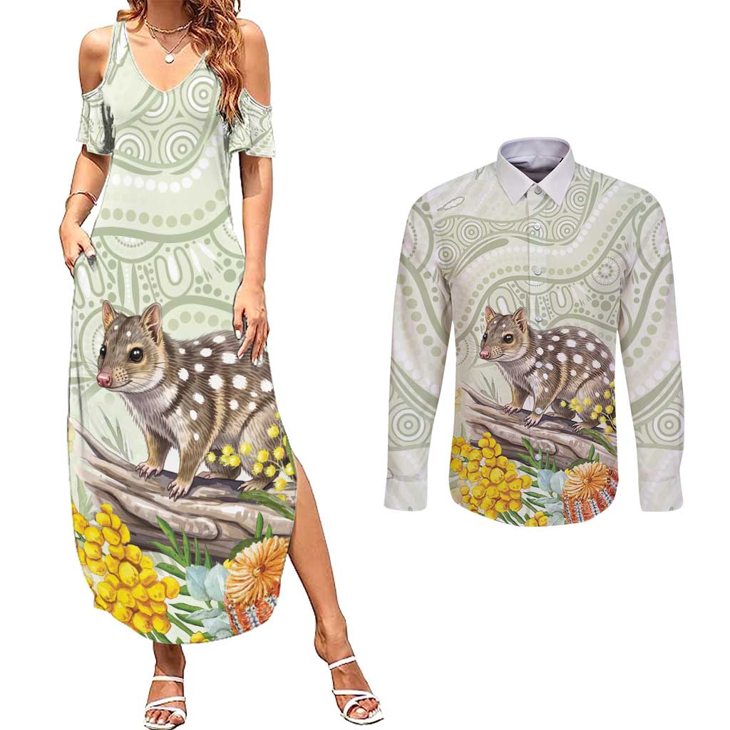 Eastern Quoll Australia Couples Matching Summer Maxi Dress and Long Sleeve Button Shirt Watercolor National Flowers Indigenous Art - Aussie Hoodie