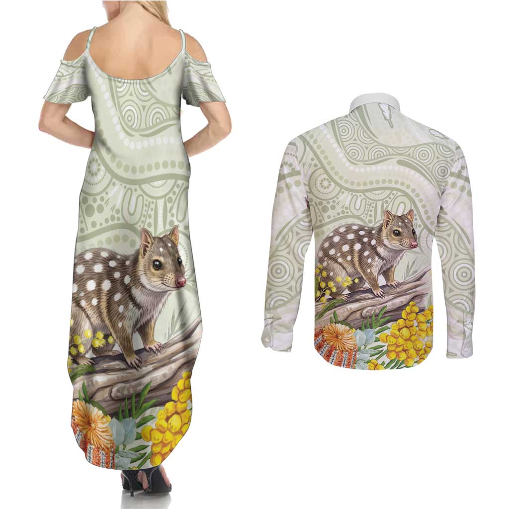 Eastern Quoll Australia Couples Matching Summer Maxi Dress and Long Sleeve Button Shirt Watercolor National Flowers Indigenous Art - Aussie Hoodie