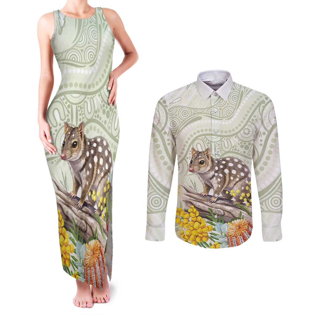 Eastern Quoll Australia Couples Matching Tank Maxi Dress and Long Sleeve Button Shirt Watercolor National Flowers Indigenous Art - Aussie Hoodie