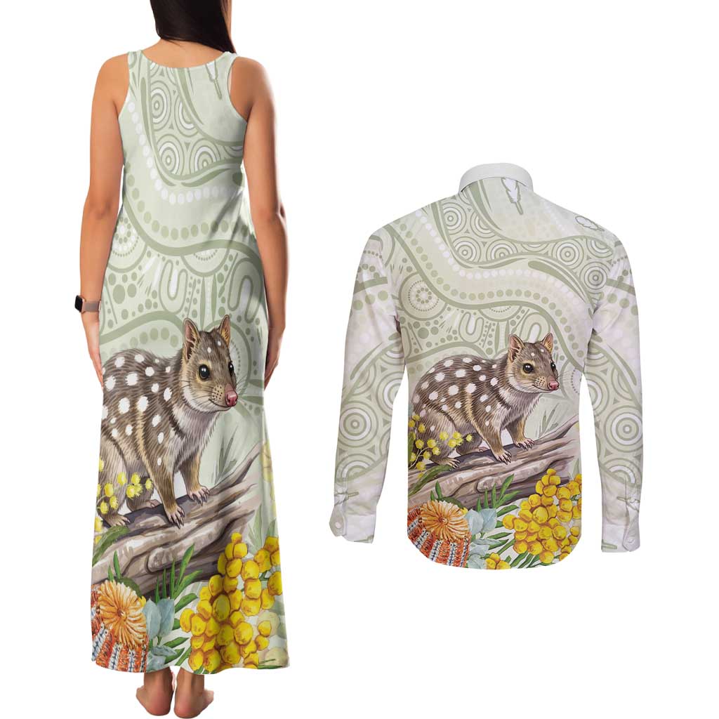Eastern Quoll Australia Couples Matching Tank Maxi Dress and Long Sleeve Button Shirt Watercolor National Flowers Indigenous Art - Aussie Hoodie