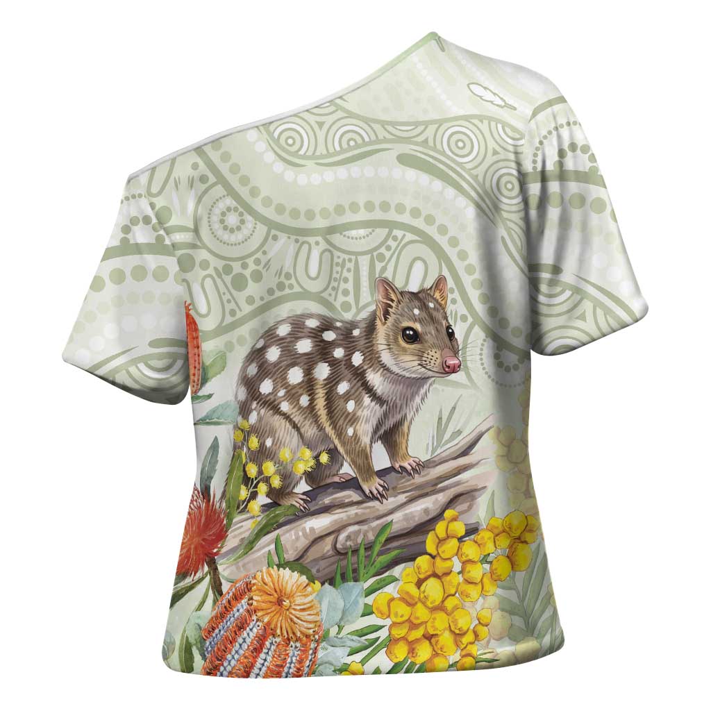 Eastern Quoll Australia Cross Shoulder Shirt Watercolor National Flowers Indigenous Art - Aussie Hoodie