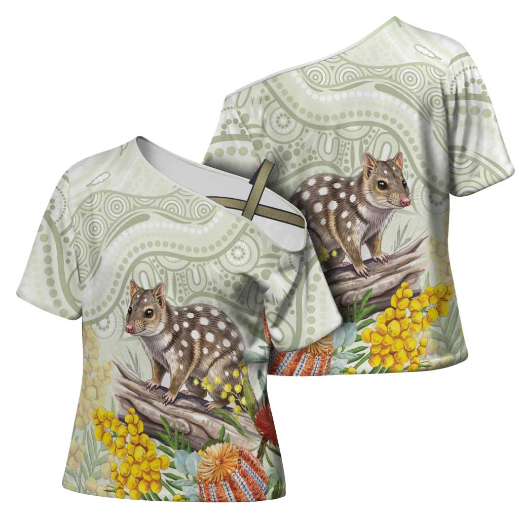 Eastern Quoll Australia Cross Shoulder Shirt Watercolor National Flowers Indigenous Art - Aussie Hoodie