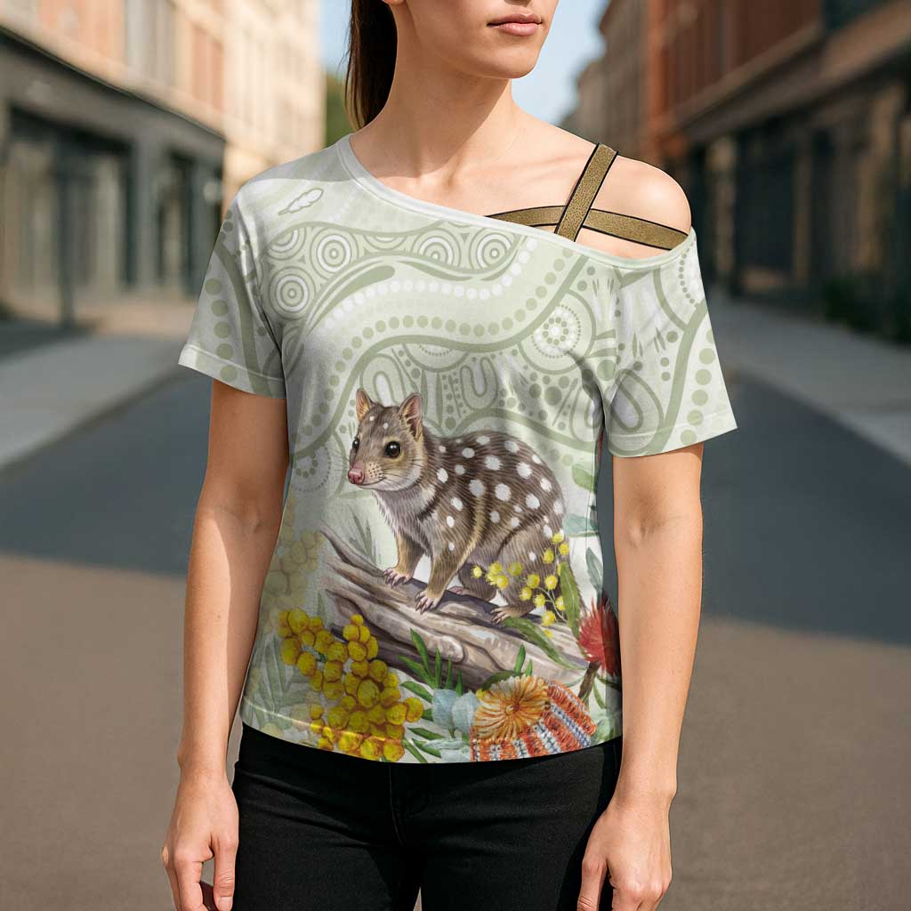 Eastern Quoll Australia Cross Shoulder Shirt Watercolor National Flowers Indigenous Art - Aussie Hoodie