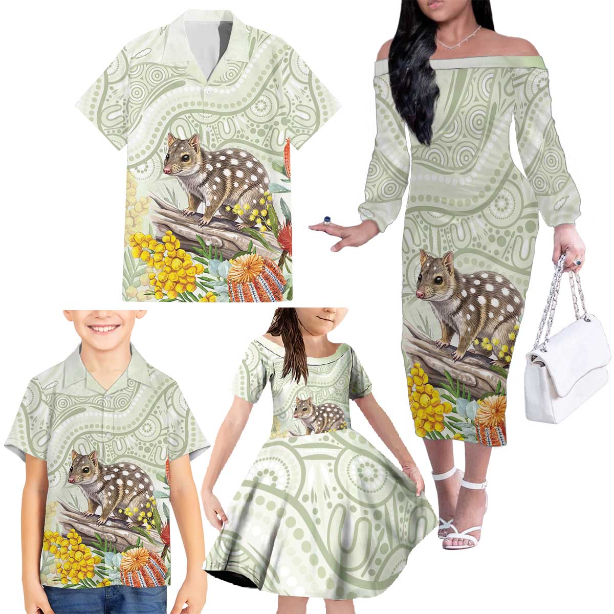 Eastern Quoll Australia Family Matching Off The Shoulder Long Sleeve Dress and Hawaiian Shirt Watercolor National Flowers Indigenous Art - Aussie Hoodie