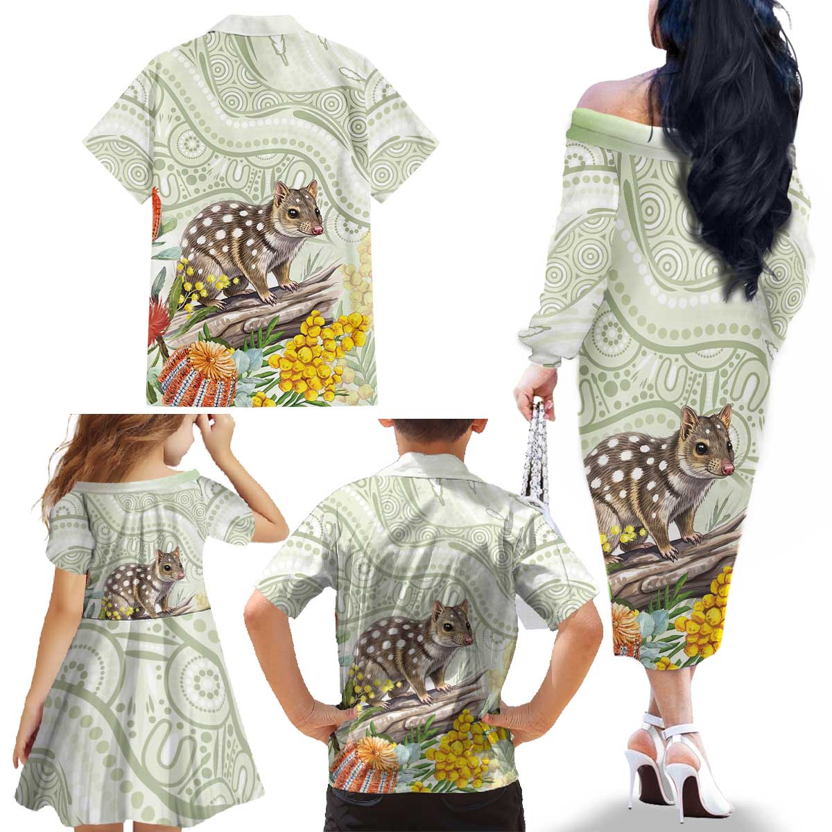 Eastern Quoll Australia Family Matching Off The Shoulder Long Sleeve Dress and Hawaiian Shirt Watercolor National Flowers Indigenous Art - Aussie Hoodie