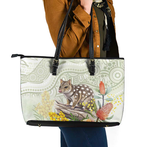 Eastern Quoll Australia Leather Tote Bag Watercolor National Flowers Indigenous Art - Aussie Hoodie