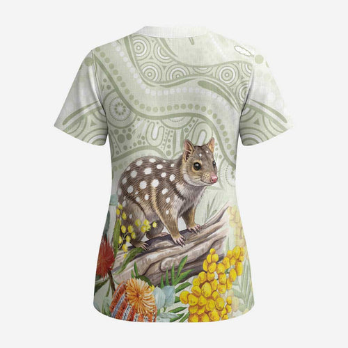 Eastern Quoll Australia Scrub Top Watercolor National Flowers Indigenous Art - Aussie Hoodie