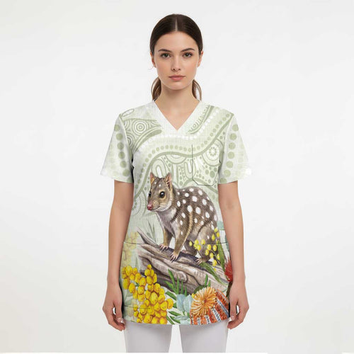 Eastern Quoll Australia Scrub Top Watercolor National Flowers Indigenous Art - Aussie Hoodie