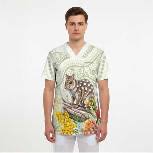 Eastern Quoll Australia Scrub Top Watercolor National Flowers Indigenous Art - Aussie Hoodie