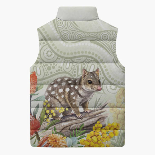 Eastern Quoll Australia Sleeveless Puffer Jacket Watercolor National Flowers Indigenous Art - Aussie Hoodie