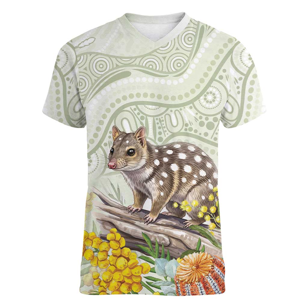 Eastern Quoll Australia Women V-Neck T-Shirt Watercolor National Flowers Indigenous Art - Aussie Hoodie