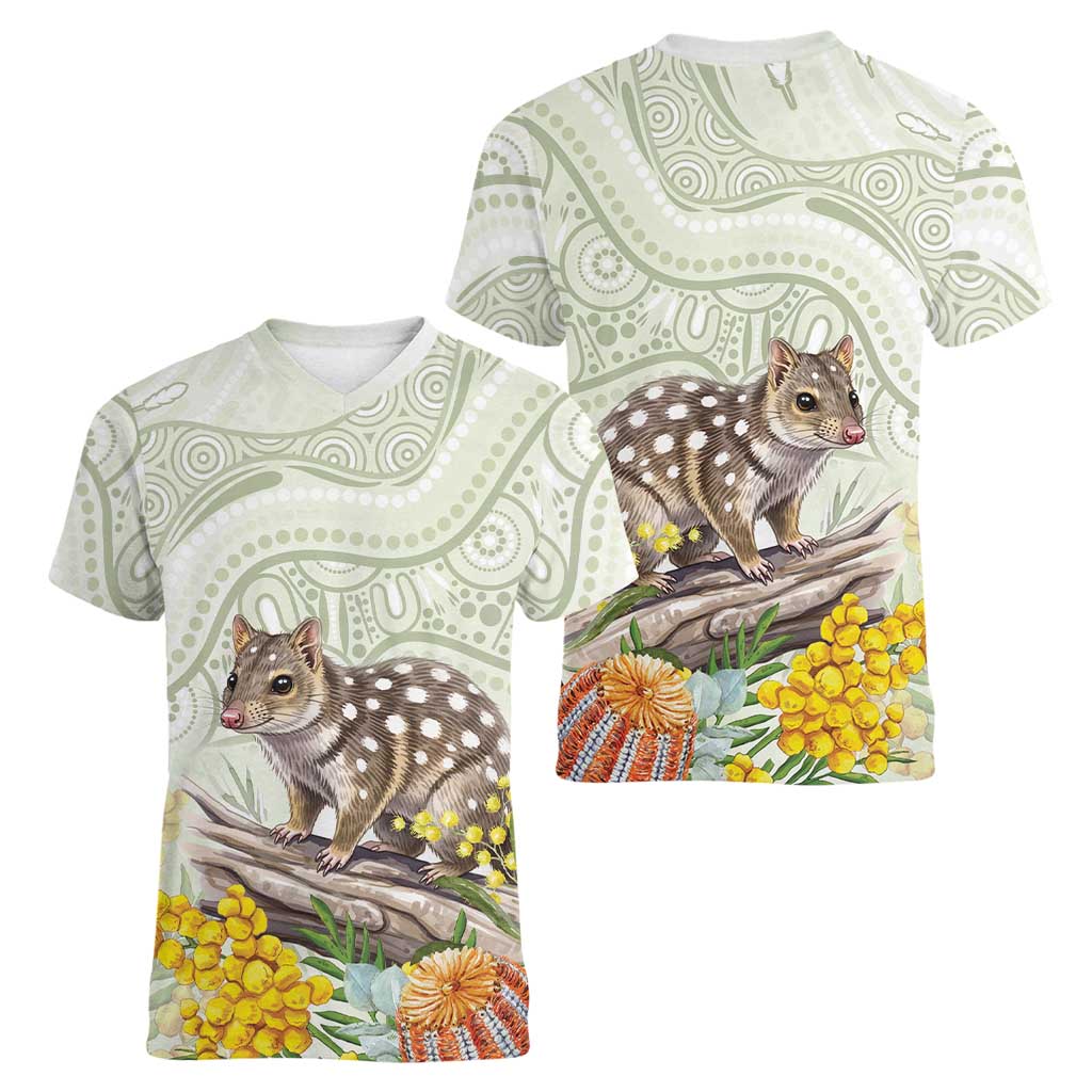 Eastern Quoll Australia Women V-Neck T-Shirt Watercolor National Flowers Indigenous Art - Aussie Hoodie