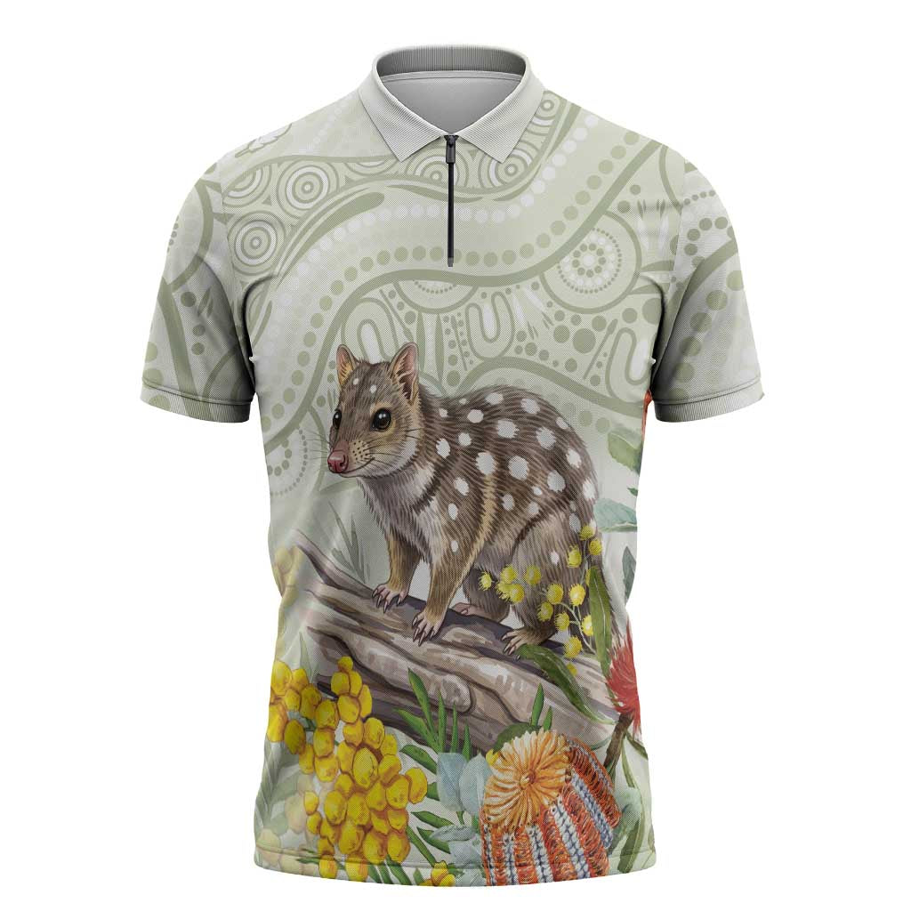 Eastern Quoll Australia Zipper Polo Shirt Watercolor National Flowers Indigenous Art - Aussie Hoodie