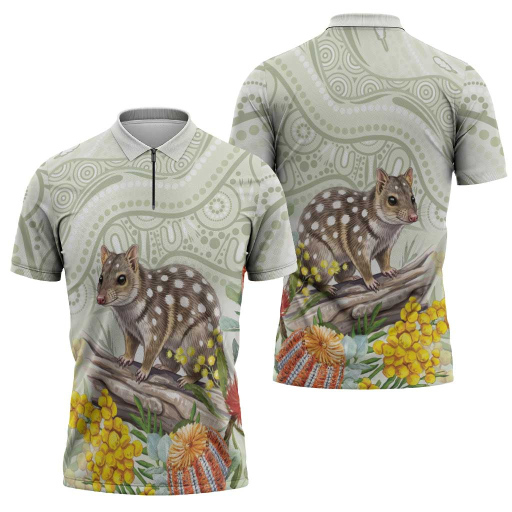 Eastern Quoll Australia Zipper Polo Shirt Watercolor National Flowers Indigenous Art - Aussie Hoodie
