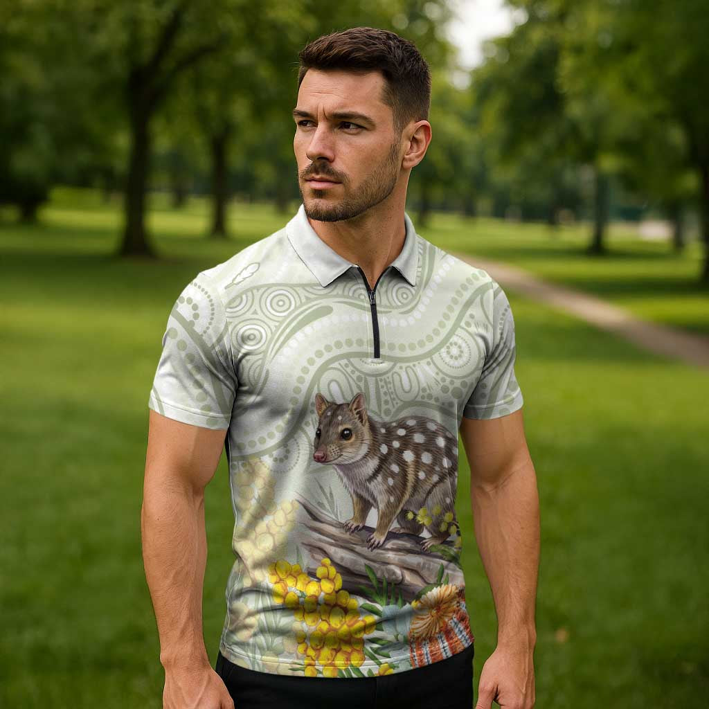 Eastern Quoll Australia Zipper Polo Shirt Watercolor National Flowers Indigenous Art - Aussie Hoodie