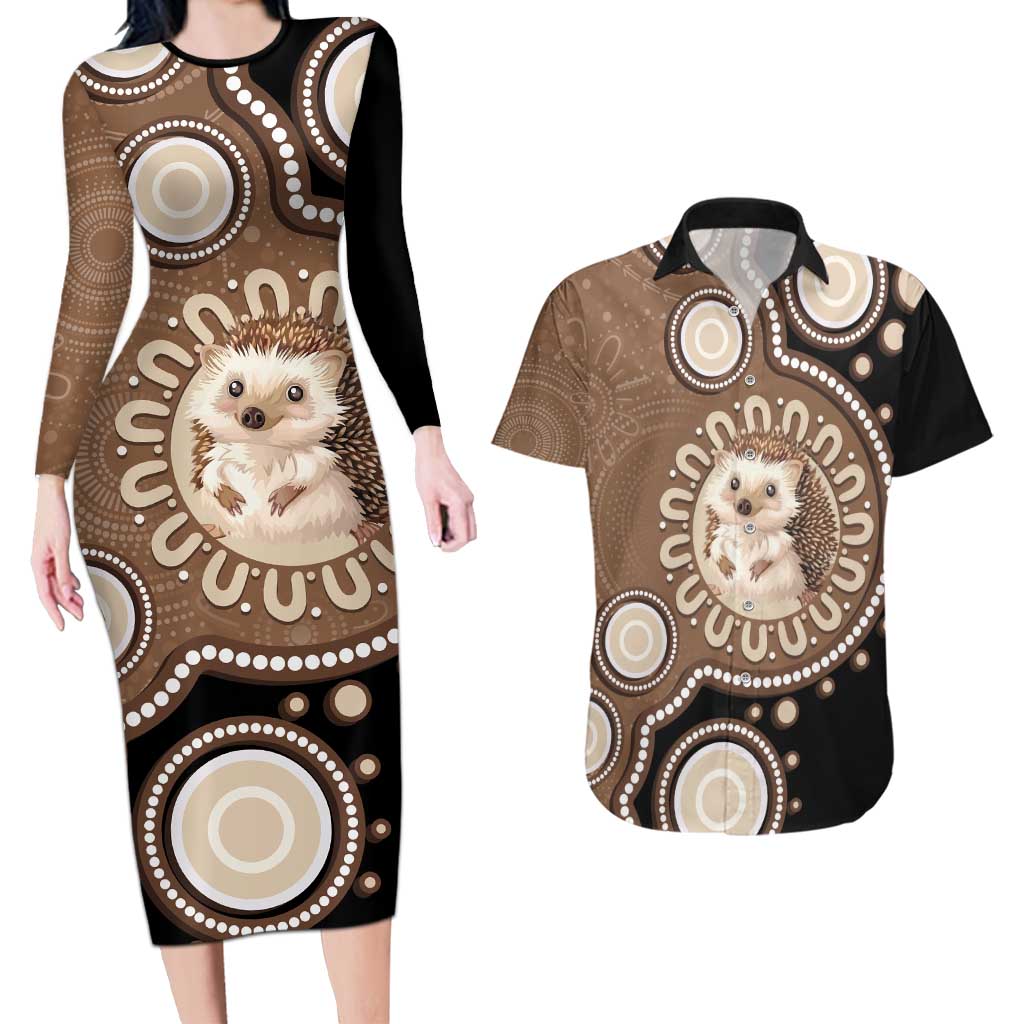 Hedgehog Indigenous Art Australia Couples Matching Long Sleeve Bodycon Dress and Hawaiian Shirt - Aussie Hoodie