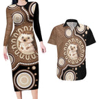 Hedgehog Indigenous Art Australia Couples Matching Long Sleeve Bodycon Dress and Hawaiian Shirt - Aussie Hoodie