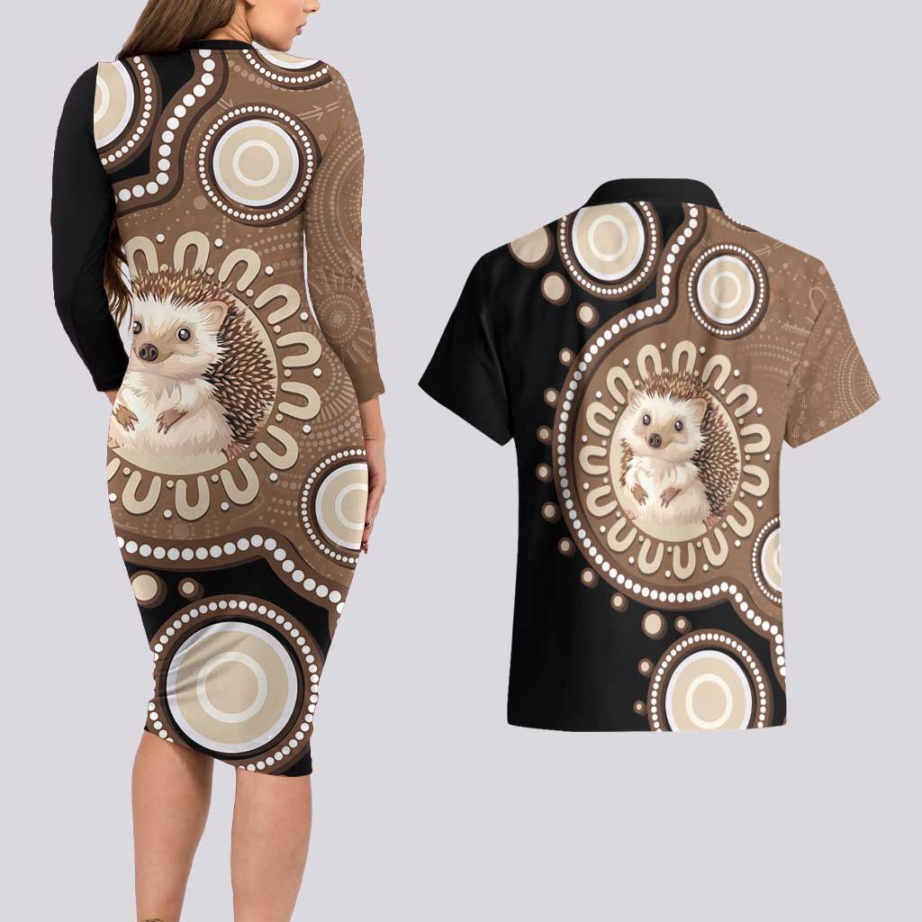 Hedgehog Indigenous Art Australia Couples Matching Long Sleeve Bodycon Dress and Hawaiian Shirt - Aussie Hoodie
