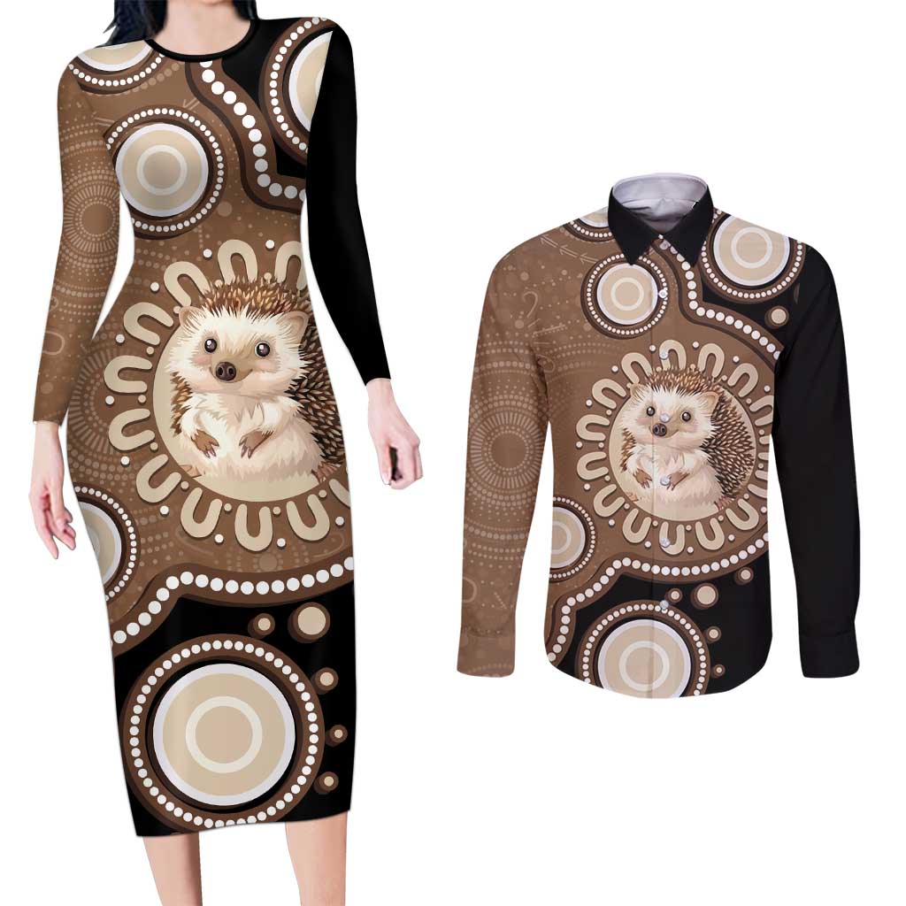 Hedgehog Indigenous Art Australia Couples Matching Long Sleeve Bodycon Dress and Long Sleeve Button Shirt - Aussie Hoodie