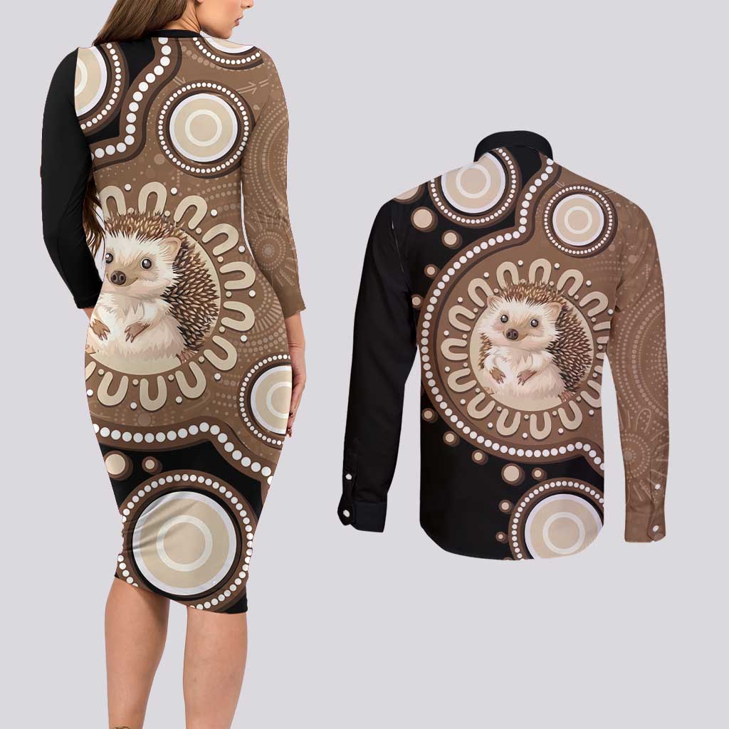 Hedgehog Indigenous Art Australia Couples Matching Long Sleeve Bodycon Dress and Long Sleeve Button Shirt - Aussie Hoodie