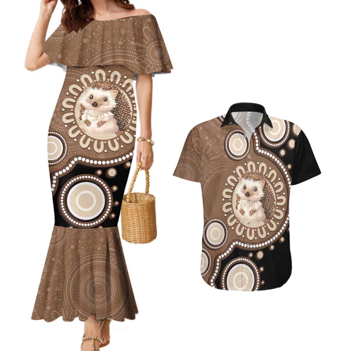 Hedgehog Indigenous Art Australia Couples Matching Mermaid Dress and Hawaiian Shirt - Aussie Hoodie