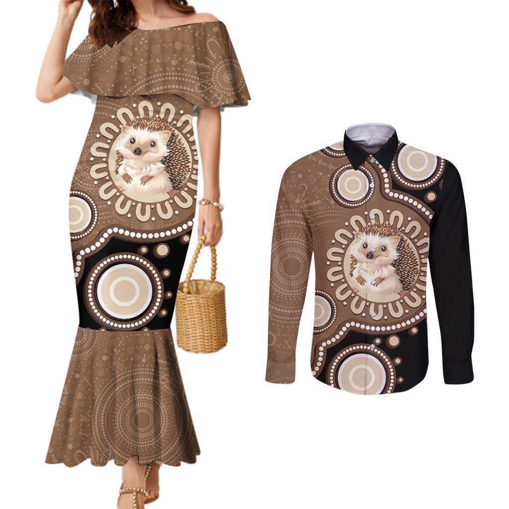 Hedgehog Indigenous Art Australia Couples Matching Mermaid Dress and Long Sleeve Button Shirt - Aussie Hoodie