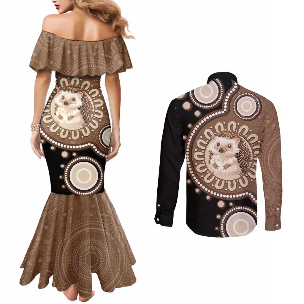 Hedgehog Indigenous Art Australia Couples Matching Mermaid Dress and Long Sleeve Button Shirt - Aussie Hoodie