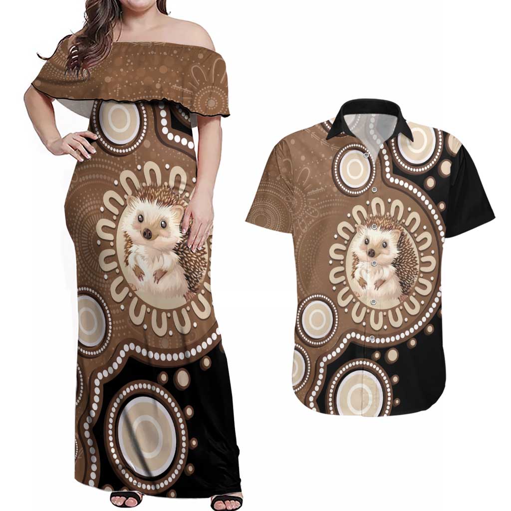 Hedgehog Indigenous Art Australia Couples Matching Off Shoulder Maxi Dress and Hawaiian Shirt - Aussie Hoodie