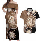 Hedgehog Indigenous Art Australia Couples Matching Off Shoulder Maxi Dress and Hawaiian Shirt - Aussie Hoodie