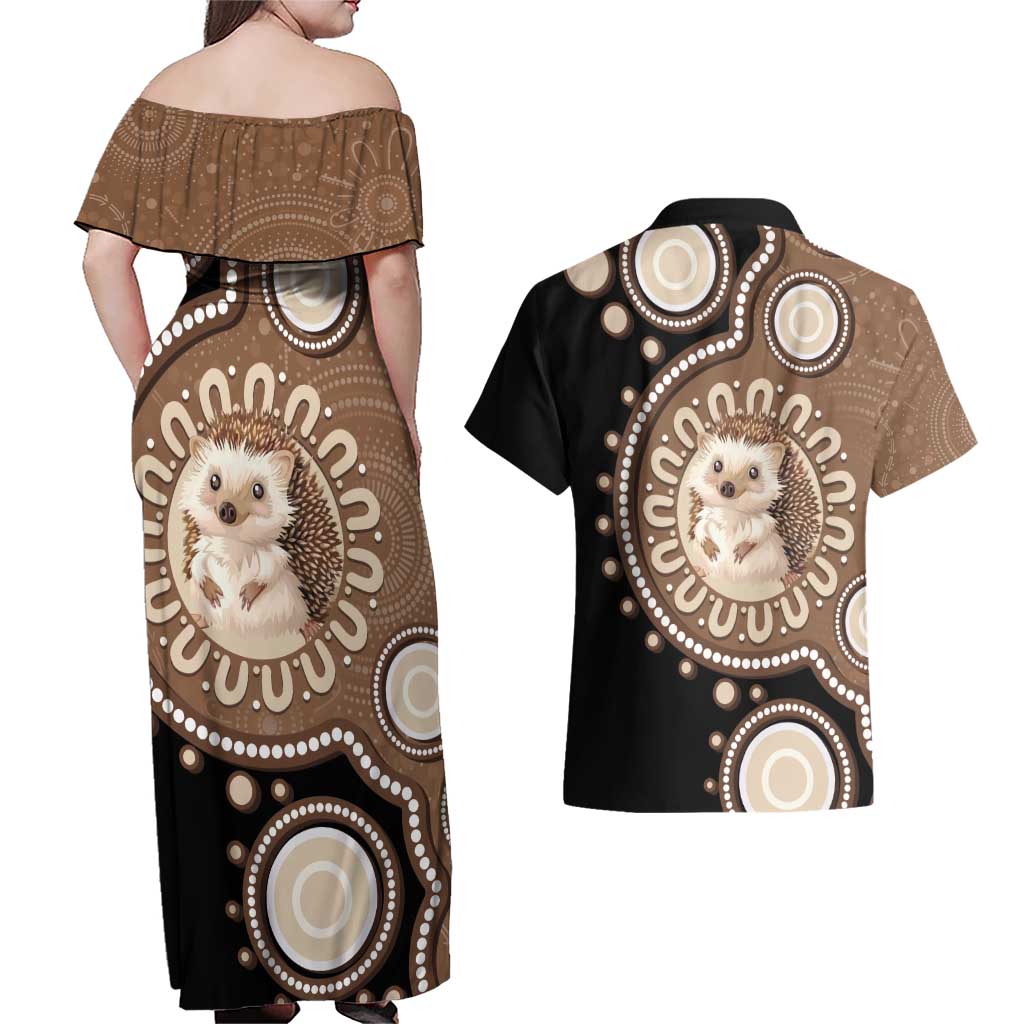 Hedgehog Indigenous Art Australia Couples Matching Off Shoulder Maxi Dress and Hawaiian Shirt - Aussie Hoodie