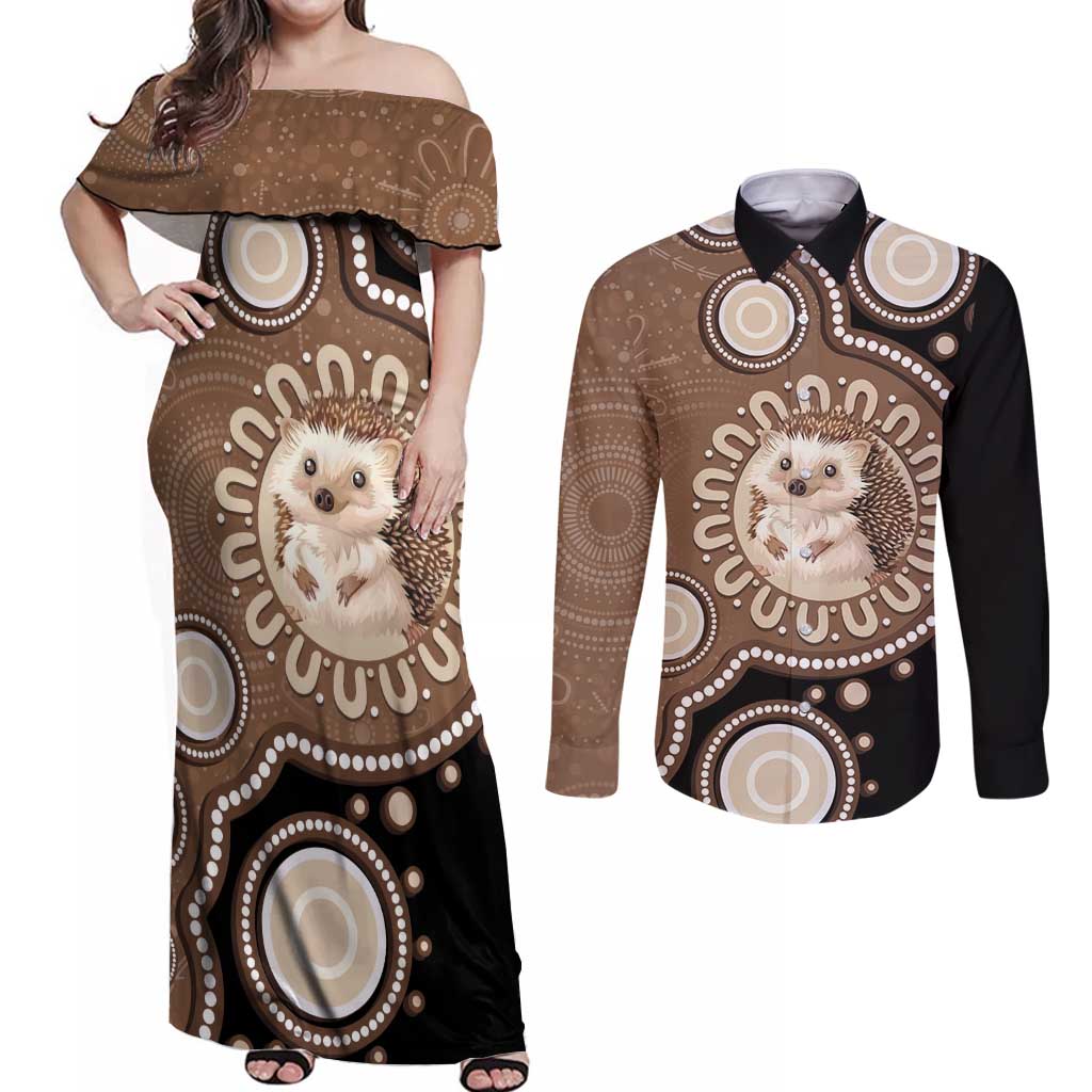 Hedgehog Indigenous Art Australia Couples Matching Off Shoulder Maxi Dress and Long Sleeve Button Shirt - Aussie Hoodie