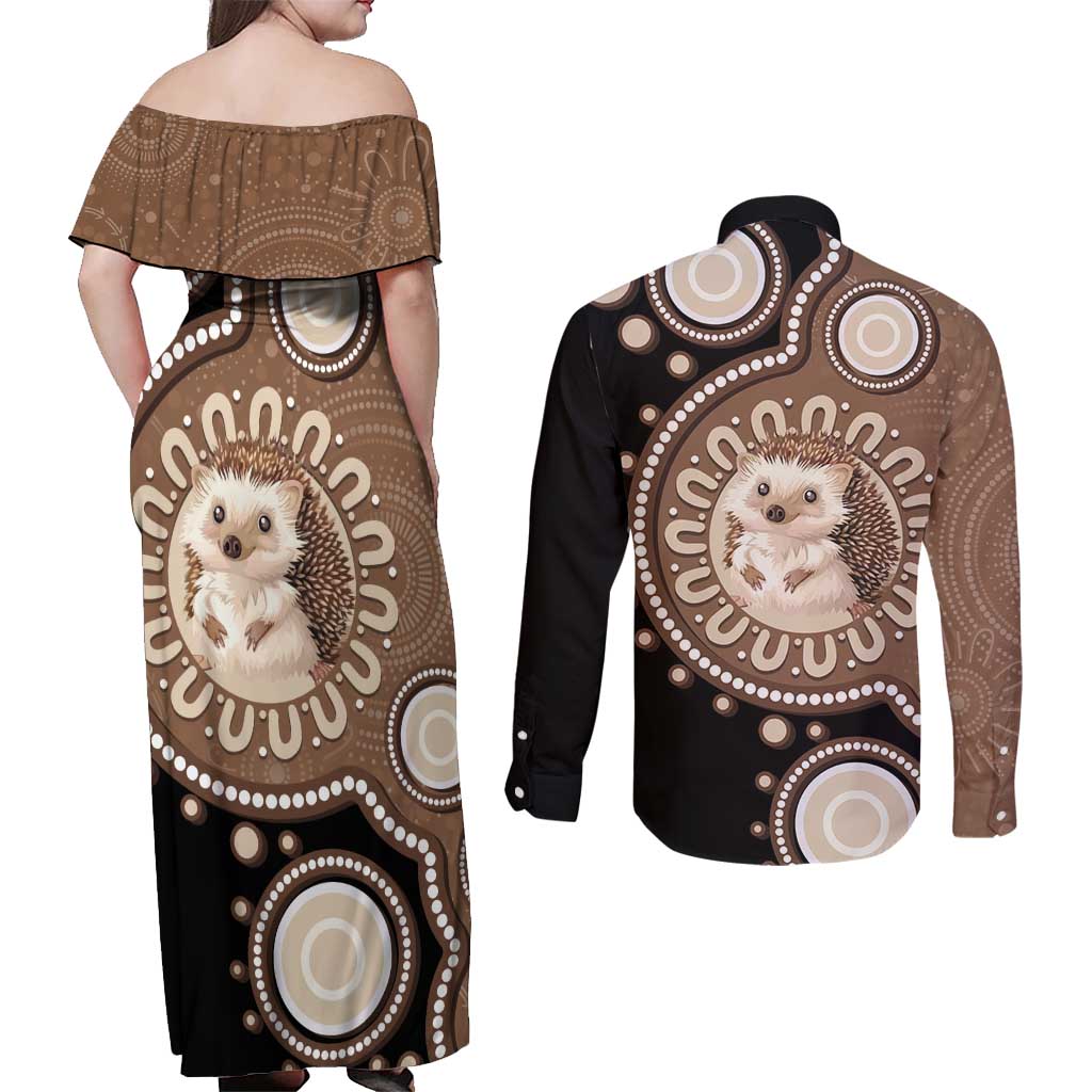 Hedgehog Indigenous Art Australia Couples Matching Off Shoulder Maxi Dress and Long Sleeve Button Shirt - Aussie Hoodie