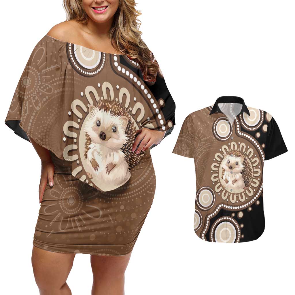 Hedgehog Indigenous Art Australia Couples Matching Off Shoulder Short Dress and Hawaiian Shirt - Aussie Hoodie