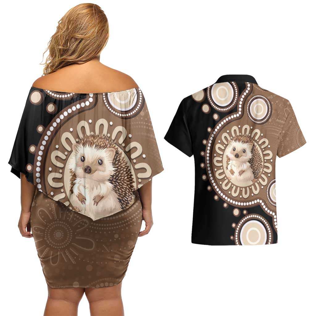 Hedgehog Indigenous Art Australia Couples Matching Off Shoulder Short Dress and Hawaiian Shirt - Aussie Hoodie
