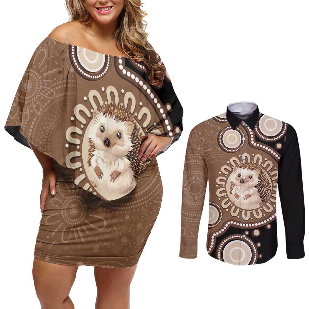 Hedgehog Indigenous Art Australia Couples Matching Off Shoulder Short Dress and Long Sleeve Button Shirt - Aussie Hoodie