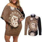 Hedgehog Indigenous Art Australia Couples Matching Off Shoulder Short Dress and Long Sleeve Button Shirt - Aussie Hoodie