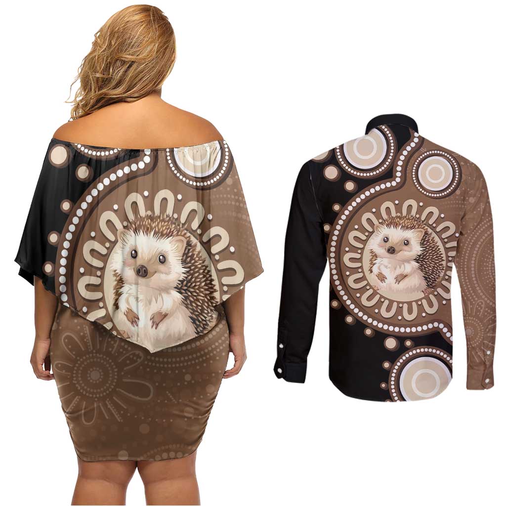 Hedgehog Indigenous Art Australia Couples Matching Off Shoulder Short Dress and Long Sleeve Button Shirt - Aussie Hoodie