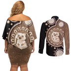 Hedgehog Indigenous Art Australia Couples Matching Off Shoulder Short Dress and Long Sleeve Button Shirt - Aussie Hoodie