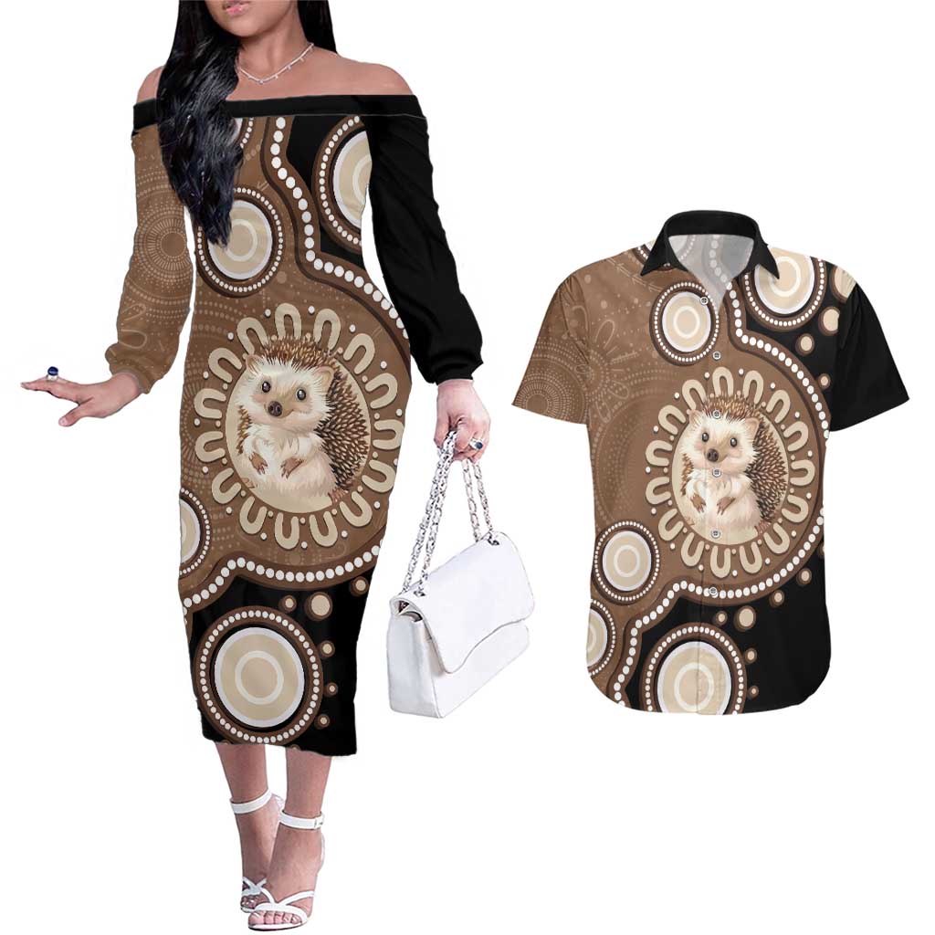Hedgehog Indigenous Art Australia Couples Matching Off The Shoulder Long Sleeve Dress and Hawaiian Shirt - Aussie Hoodie