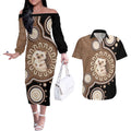 Hedgehog Indigenous Art Australia Couples Matching Off The Shoulder Long Sleeve Dress and Hawaiian Shirt - Aussie Hoodie