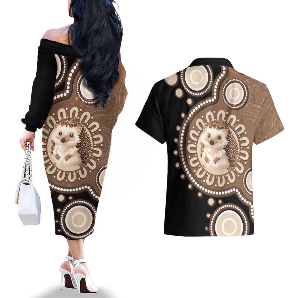 Hedgehog Indigenous Art Australia Couples Matching Off The Shoulder Long Sleeve Dress and Hawaiian Shirt - Aussie Hoodie