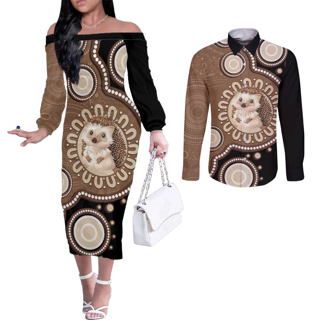 Hedgehog Indigenous Art Australia Couples Matching Off The Shoulder Long Sleeve Dress and Long Sleeve Button Shirt - Aussie Hoodie