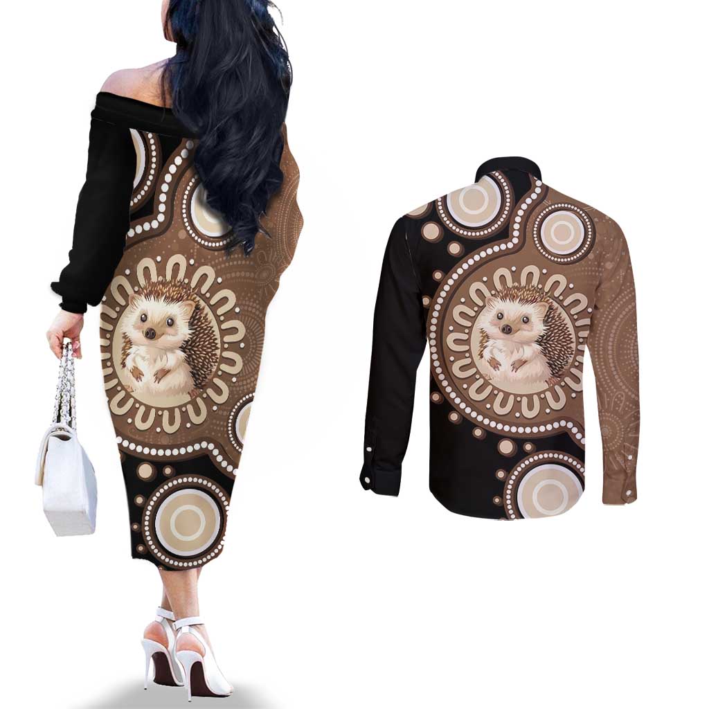 Hedgehog Indigenous Art Australia Couples Matching Off The Shoulder Long Sleeve Dress and Long Sleeve Button Shirt - Aussie Hoodie