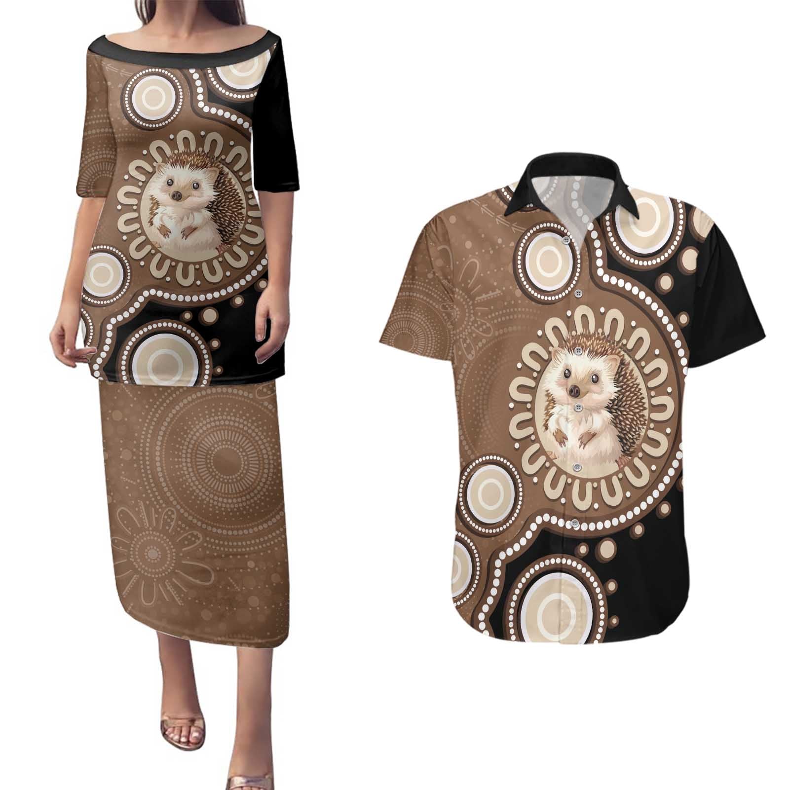 Hedgehog Indigenous Art Australia Couples Matching Puletasi and Hawaiian Shirt - Aussie Hoodie