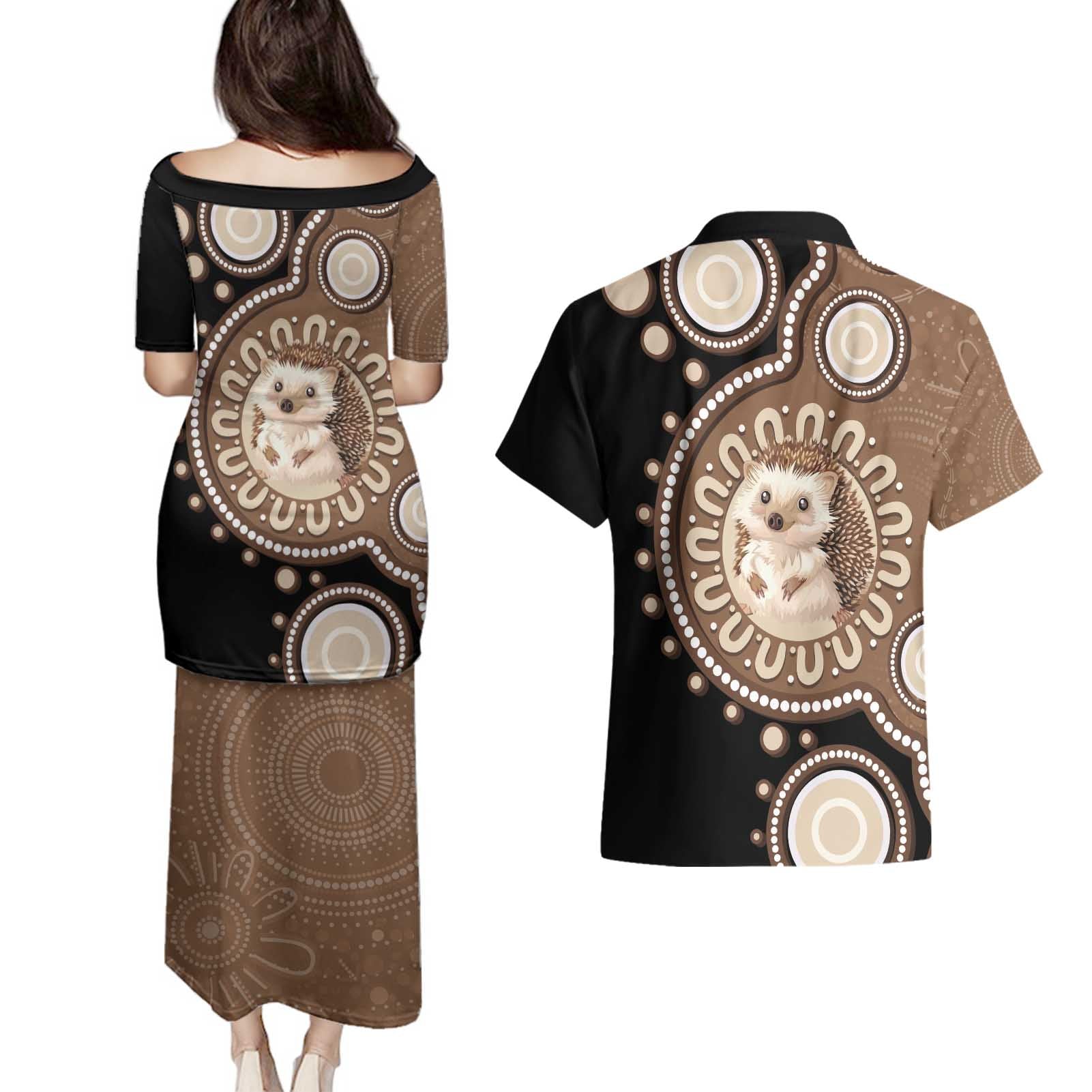 Hedgehog Indigenous Art Australia Couples Matching Puletasi and Hawaiian Shirt - Aussie Hoodie