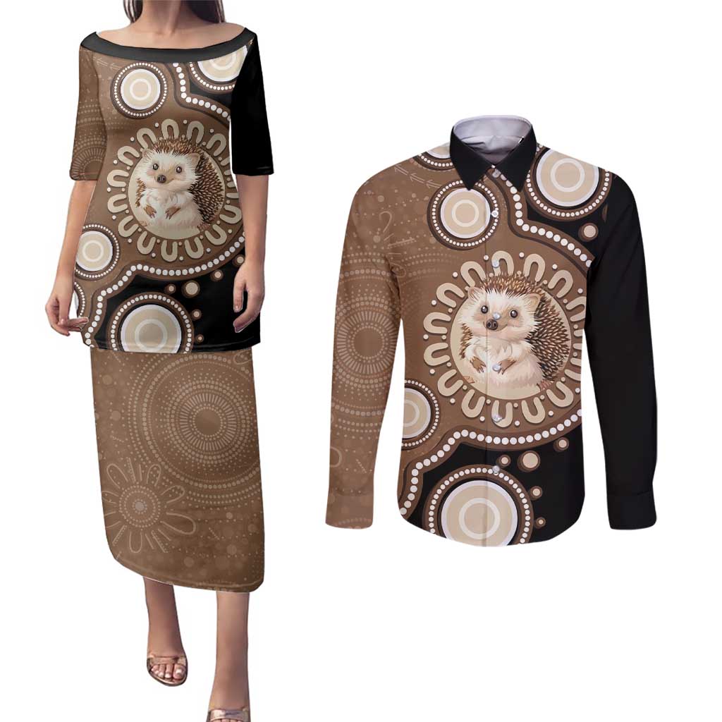 Hedgehog Indigenous Art Australia Couples Matching Puletasi and Long Sleeve Button Shirt - Aussie Hoodie