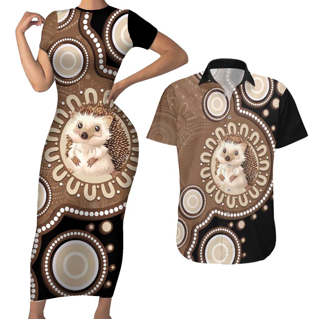 Hedgehog Indigenous Art Australia Couples Matching Short Sleeve Bodycon Dress and Hawaiian Shirt - Aussie Hoodie