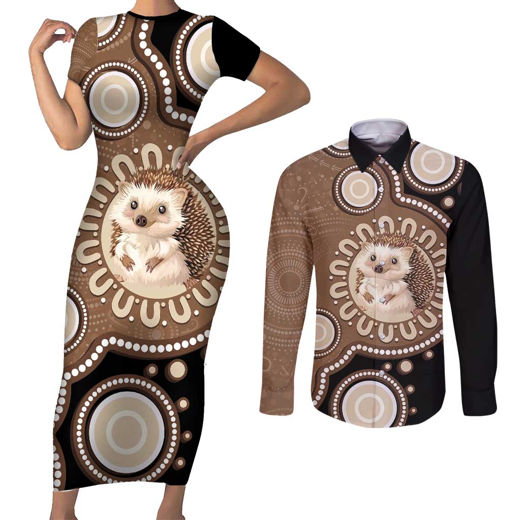 Hedgehog Indigenous Art Australia Couples Matching Short Sleeve Bodycon Dress and Long Sleeve Button Shirt - Aussie Hoodie