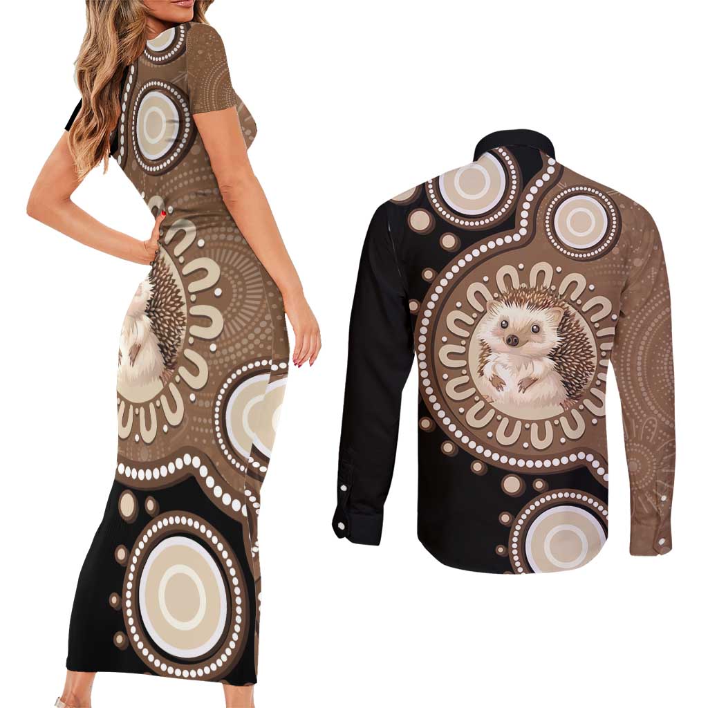 Hedgehog Indigenous Art Australia Couples Matching Short Sleeve Bodycon Dress and Long Sleeve Button Shirt - Aussie Hoodie