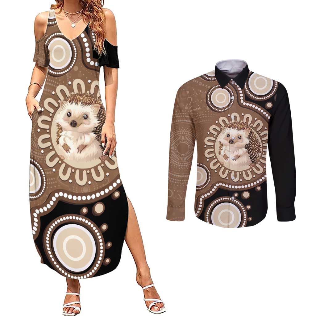 Hedgehog Indigenous Art Australia Couples Matching Summer Maxi Dress and Long Sleeve Button Shirt - Aussie Hoodie